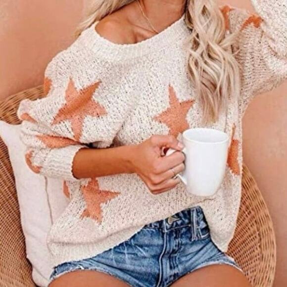 New Cream Orange Star Knit Sweater Small - Picture 2 of 4